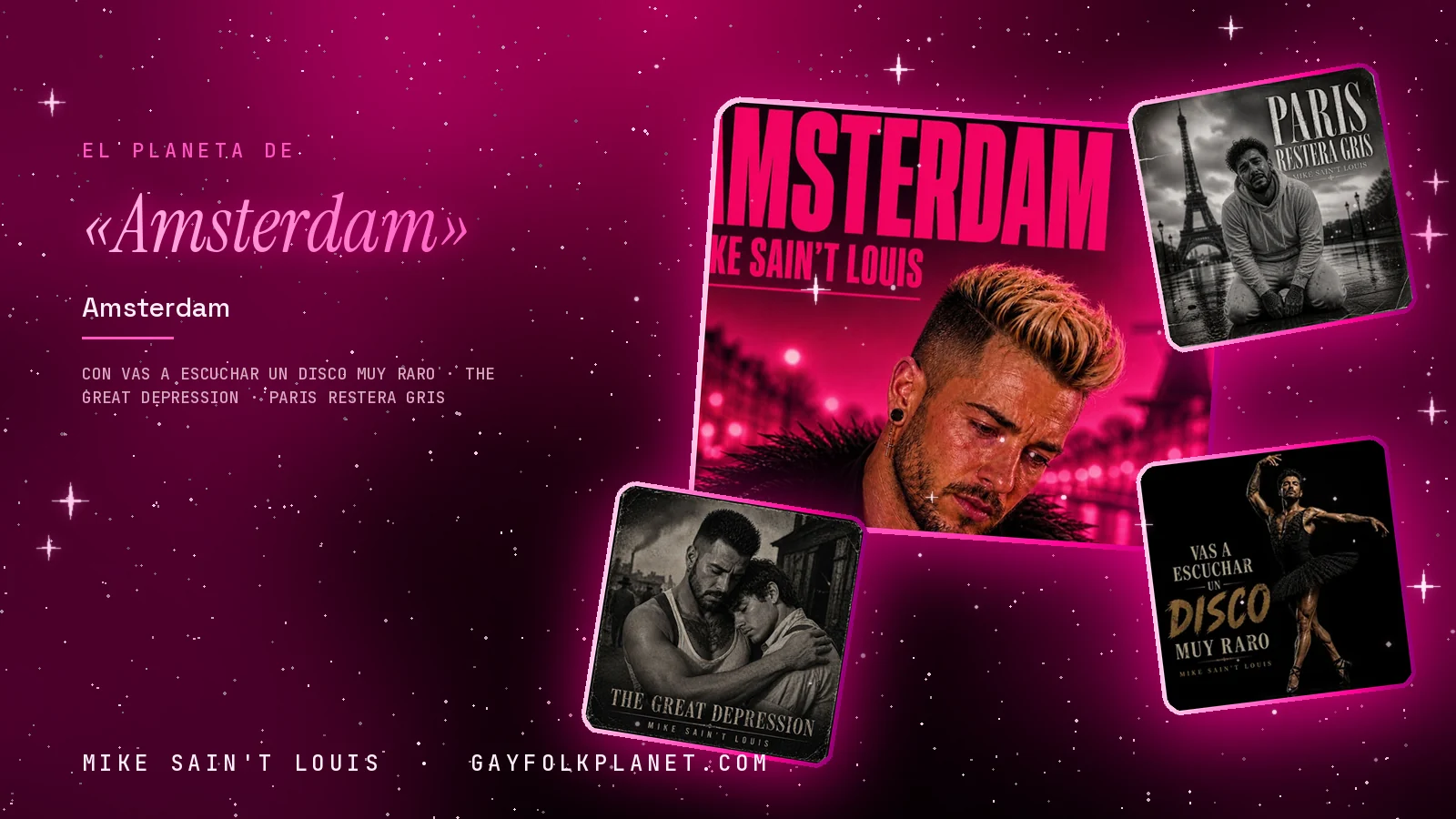 Collage con un detalle de la carátula de «Amsterdam» y las carátulas de «Vas a escuchar un disco muy raro», «The Great Depression», «Paris restera gris»