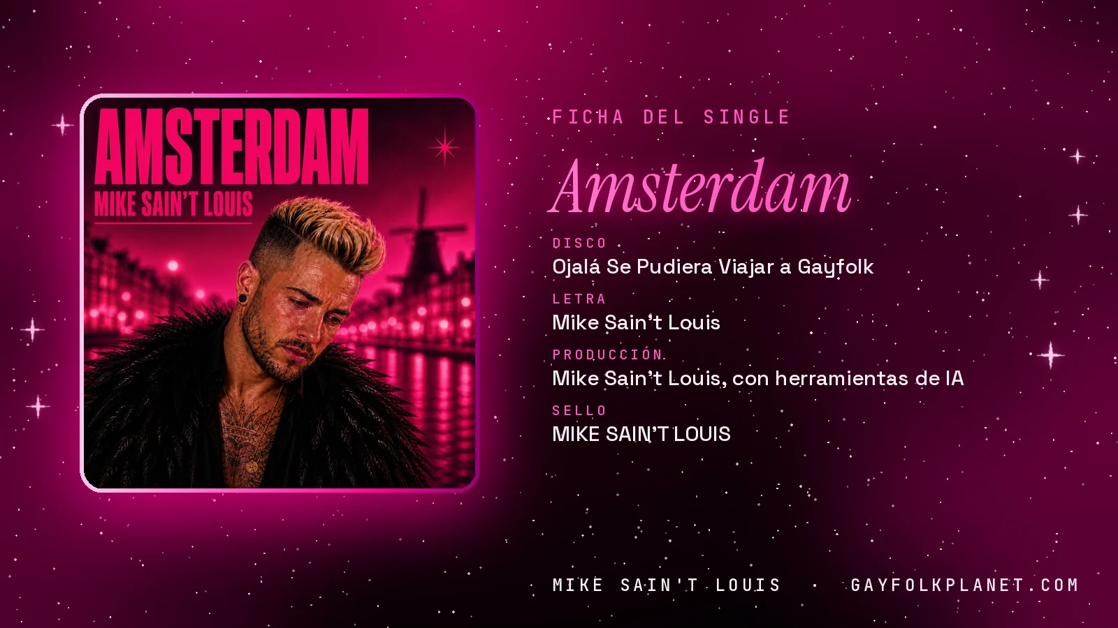 Ficha de la canción «Amsterdam» con su carátula: disco «Ojalá Se Pudiera Viajar a Gayfolk», letra y producción de Mike Sain't Louis