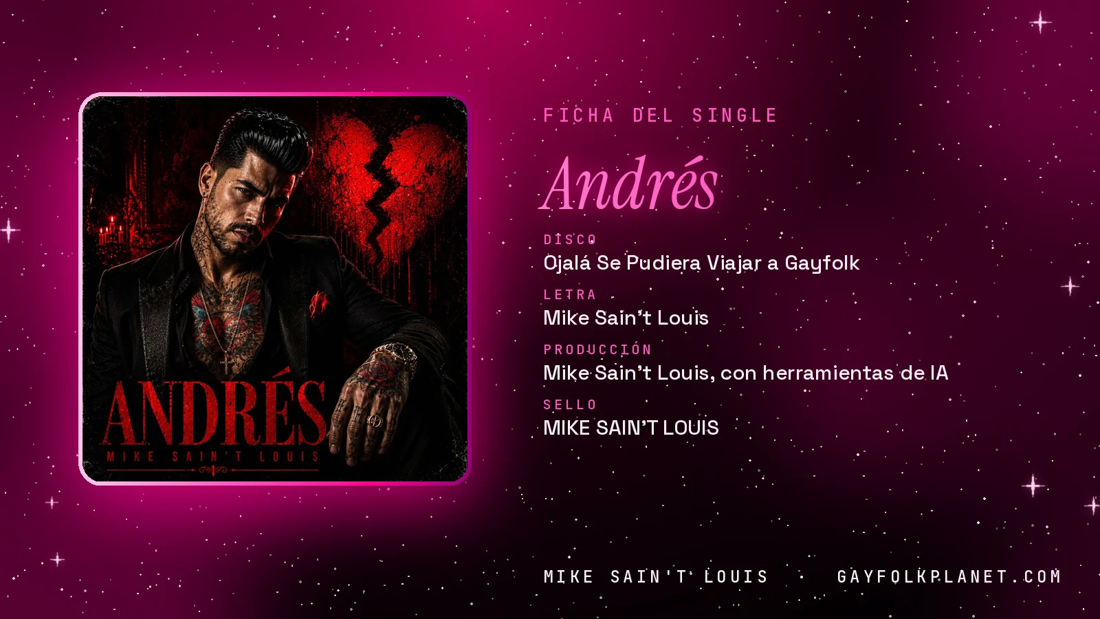 Ficha de la canción «Andrés» con su carátula: disco «Ojalá Se Pudiera Viajar a Gayfolk», letra y producción de Mike Sain't Louis