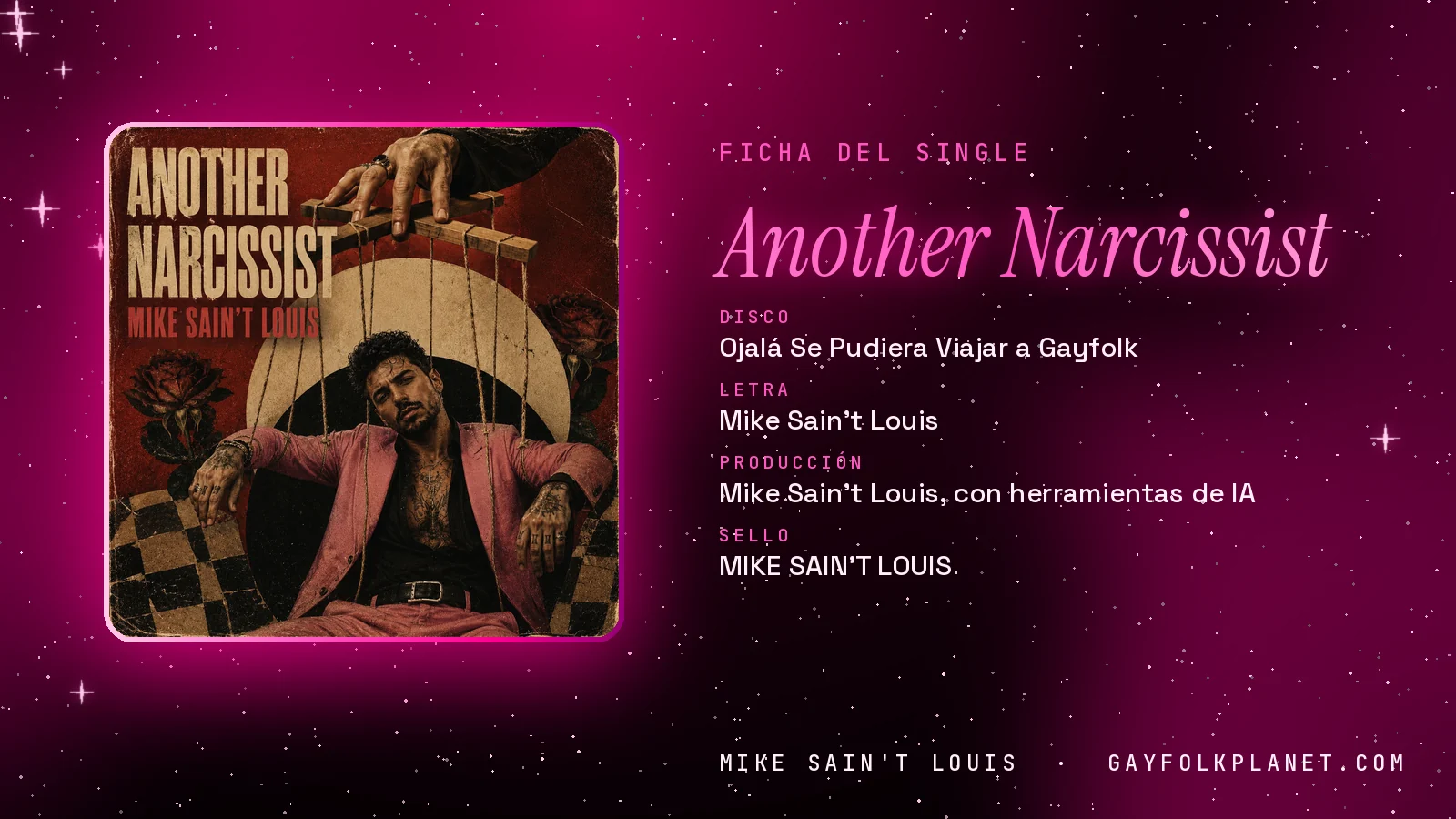 Ficha de la canción «Another Narcissist» con su carátula: disco «Ojalá Se Pudiera Viajar a Gayfolk», letra y producción de Mike Sain't Louis