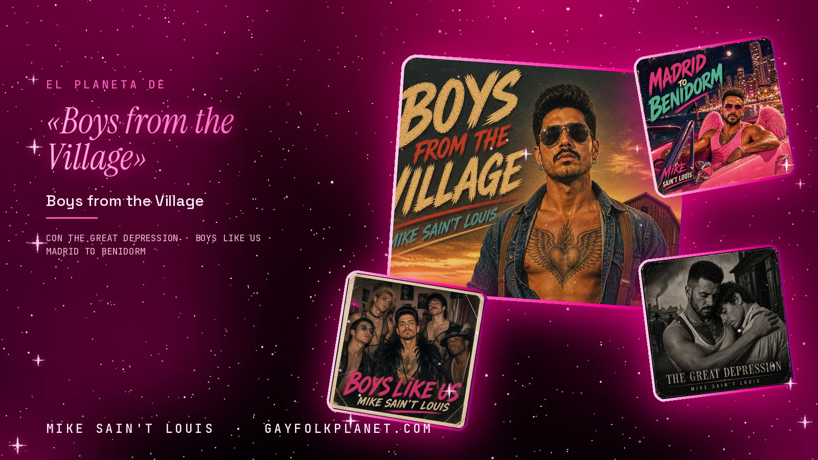 Collage con un detalle de la carátula de «Boys from the Village» y las carátulas de «The Great Depression», «Boys like us», «Madrid to Benidorm»