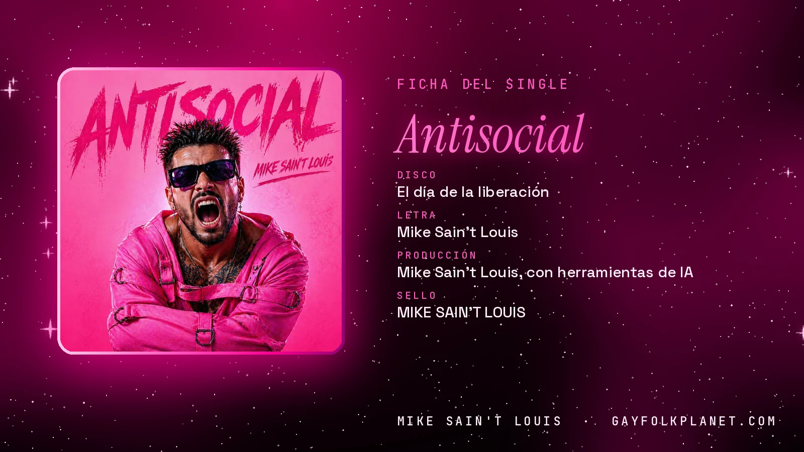 Ficha de la canción «Antisocial» con su carátula: disco «El día de la liberación», letra y producción de Mike Sain't Louis