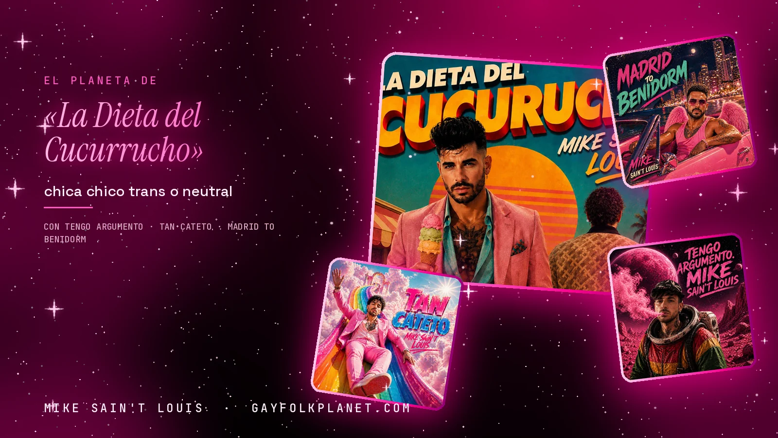 Collage con un detalle de la carátula de «La Dieta del Cucurrucho» y las carátulas de «Tengo argumento», «Tan cateto», «Madrid to Benidorm»
