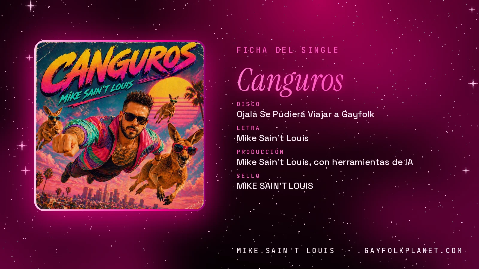 Ficha de la canción «Canguros» con su carátula: disco «Ojalá Se Pudiera Viajar a Gayfolk», letra y producción de Mike Sain't Louis