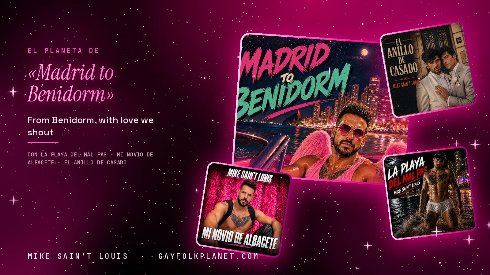 Collage con un detalle de la carátula de «Madrid to Benidorm» y las carátulas de «La Playa del Mal Pas», «Mi novio de Albacete», «El anillo de casado»