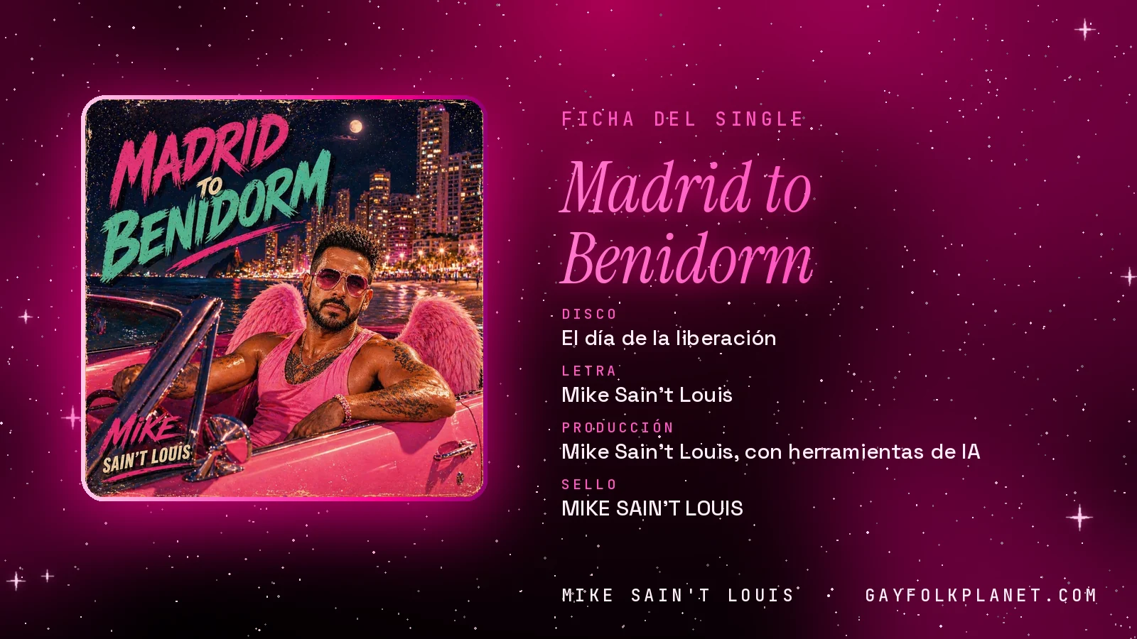 Ficha de la canción «Madrid to Benidorm» con su carátula: disco «El día de la liberación», letra y producción de Mike Sain't Louis