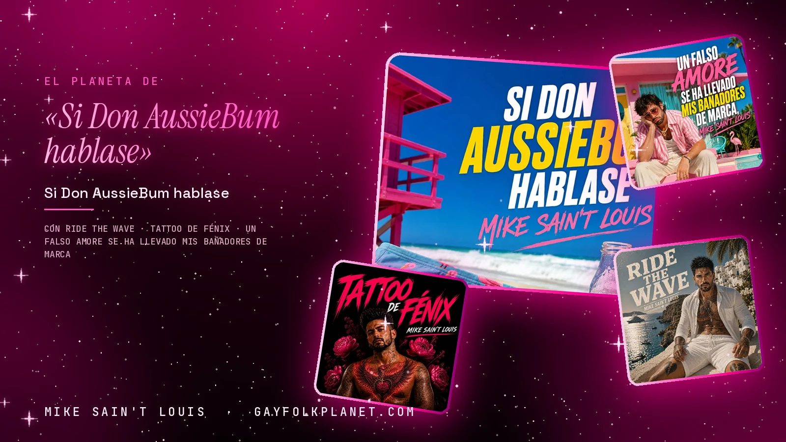 Collage con un detalle de la carátula de «Si Don AussieBum hablase» y las carátulas de «Ride the Wave», «Tattoo de fénix», «Un falso amore se ha llevado mis bañadores de marca»