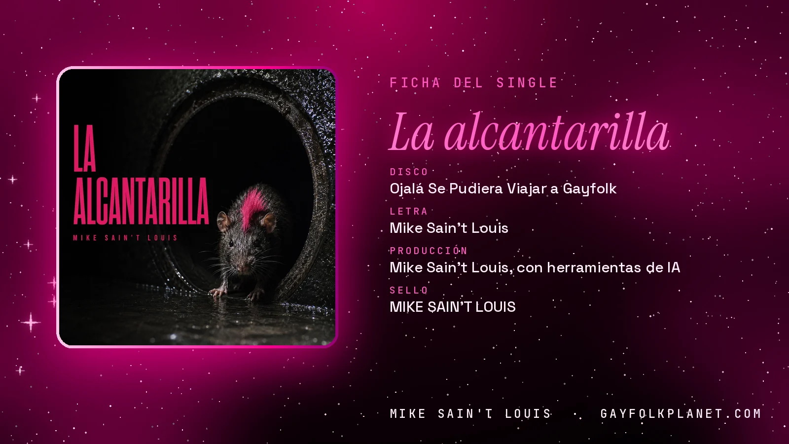 Ficha de la canción «La alcantarilla» con su carátula: disco «Ojalá Se Pudiera Viajar a Gayfolk», letra y producción de Mike Sain't Louis