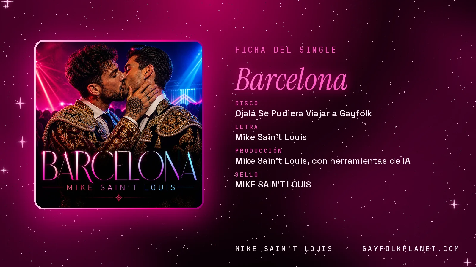 Ficha de la canción «Barcelona» con su carátula: disco «Ojalá Se Pudiera Viajar a Gayfolk», letra y producción de Mike Sain't Louis