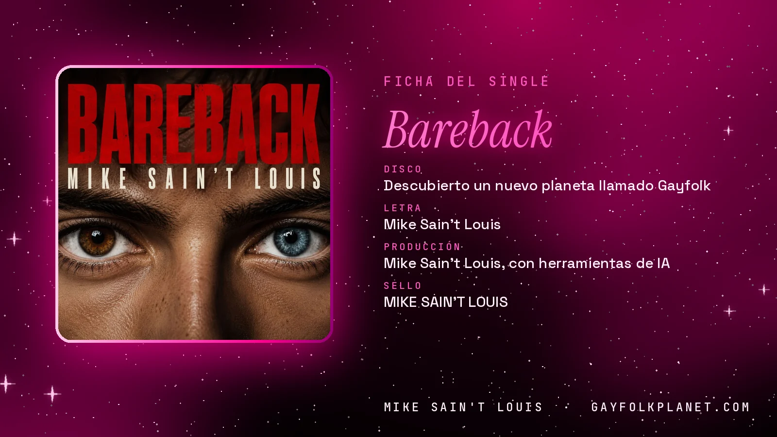 Ficha de la canción «Bareback» con su carátula: disco «Descubierto un nuevo planeta llamado Gayfolk», letra y producción de Mike Sain't Louis