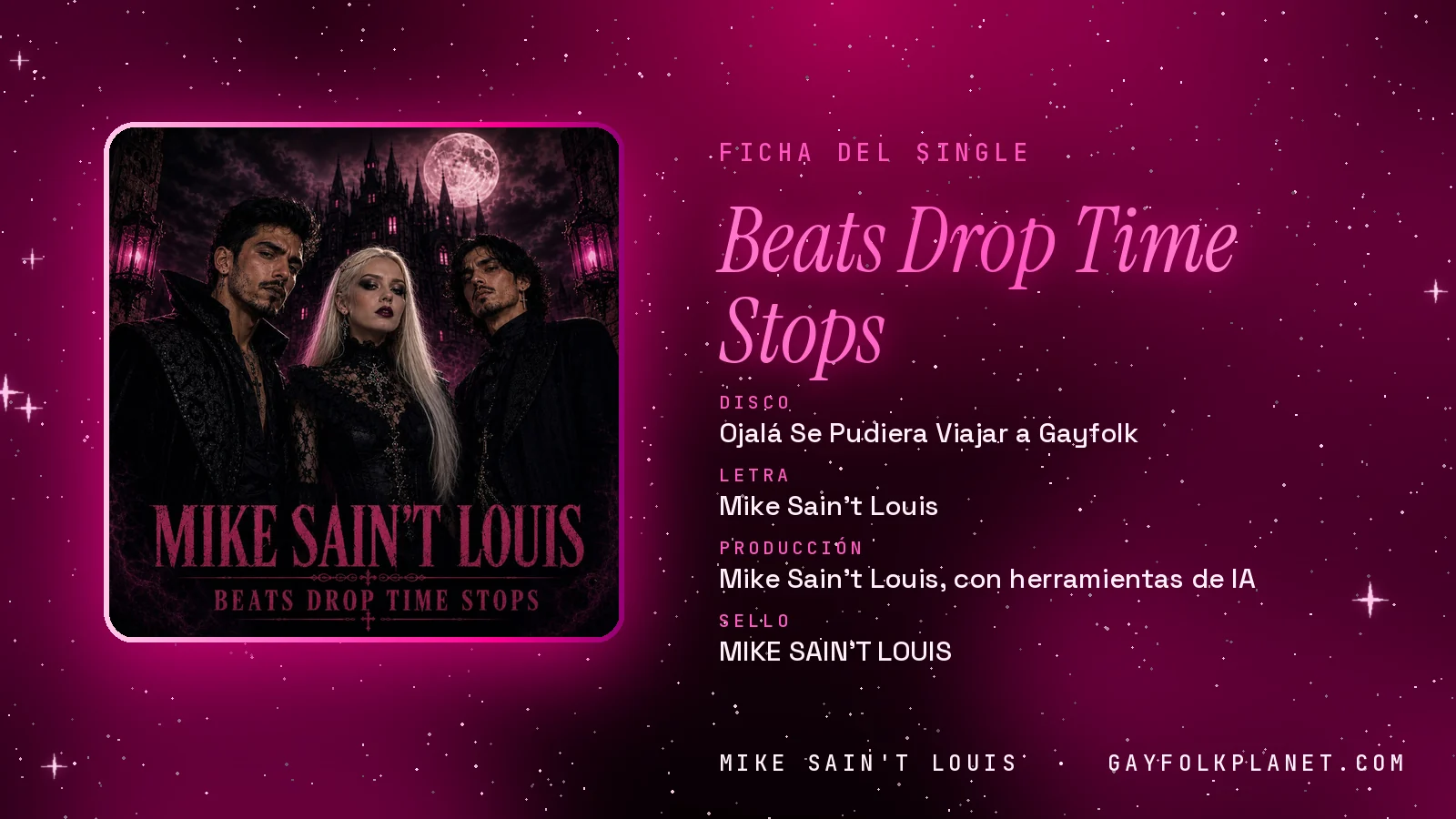 Ficha de la canción «Beats Drop Time Stops» con su carátula: disco «Ojalá Se Pudiera Viajar a Gayfolk», letra y producción de Mike Sain't Louis