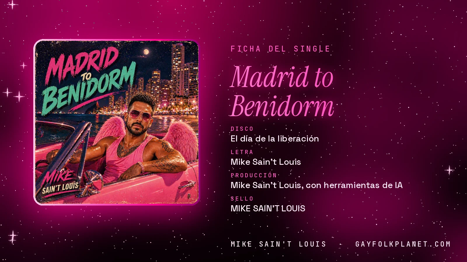 Ficha de la canción «Madrid to Benidorm» con su carátula: disco «El día de la liberación», letra y producción de Mike Sain't Louis