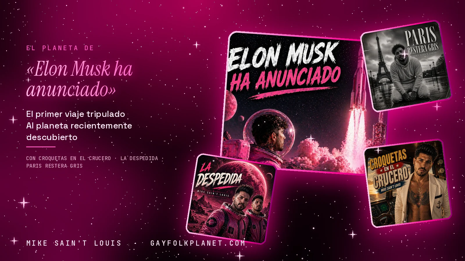 Collage con un detalle de la carátula de «Elon Musk ha anunciado» y las carátulas de «Croquetas en el crucero», «La despedida», «Paris restera gris»