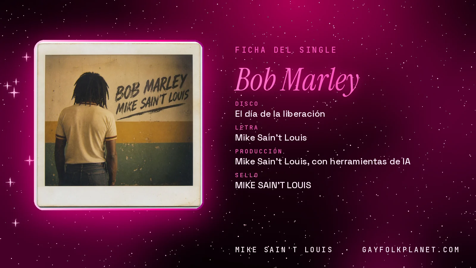 Ficha de la canción «Bob Marley» con su carátula: disco «El día de la liberación», letra y producción de Mike Sain't Louis