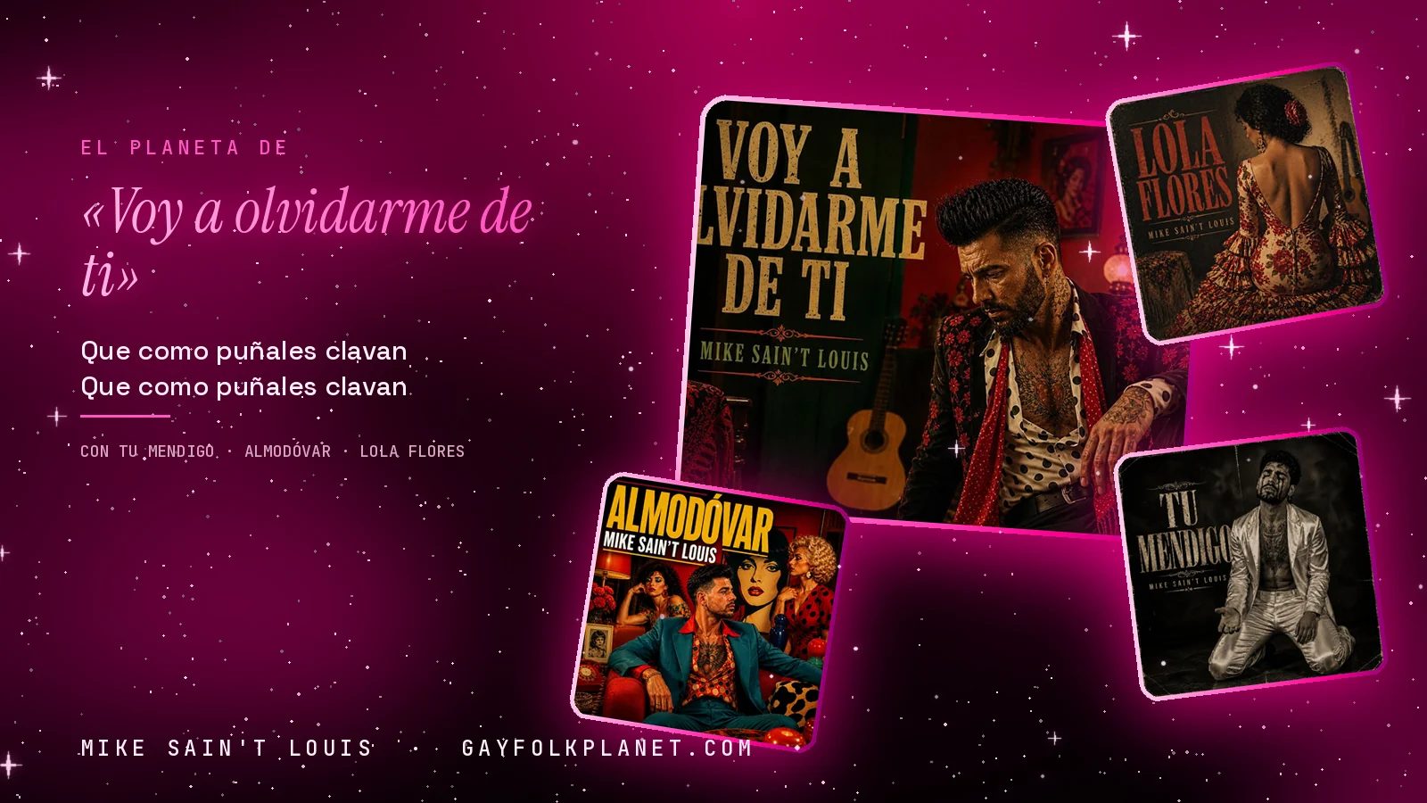 Collage con un detalle de la carátula de «Voy a olvidarme de ti» y las carátulas de «Tu mendigo», «Almodóvar», «Lola Flores»