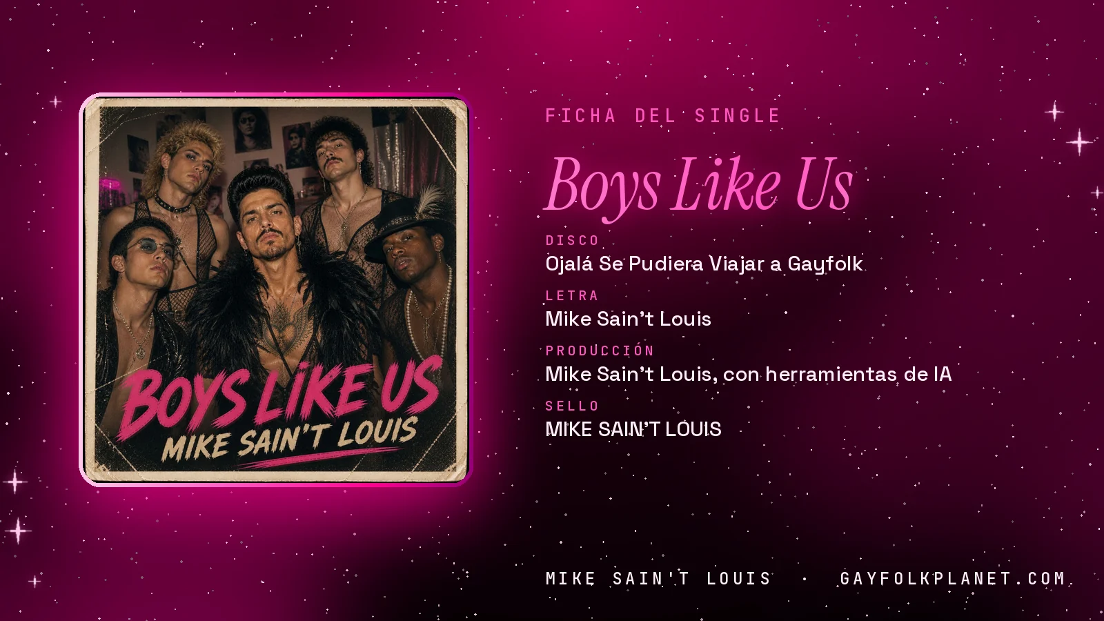 Ficha de la canción «Boys Like Us» con su carátula: disco «Ojalá Se Pudiera Viajar a Gayfolk», letra y producción de Mike Sain't Louis