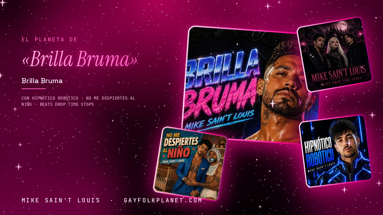 Collage con un detalle de la carátula de «Brilla Bruma» y las carátulas de «Hipnótico Robótico», «No me despiertes al niño», «Beats Drop Time Stops»