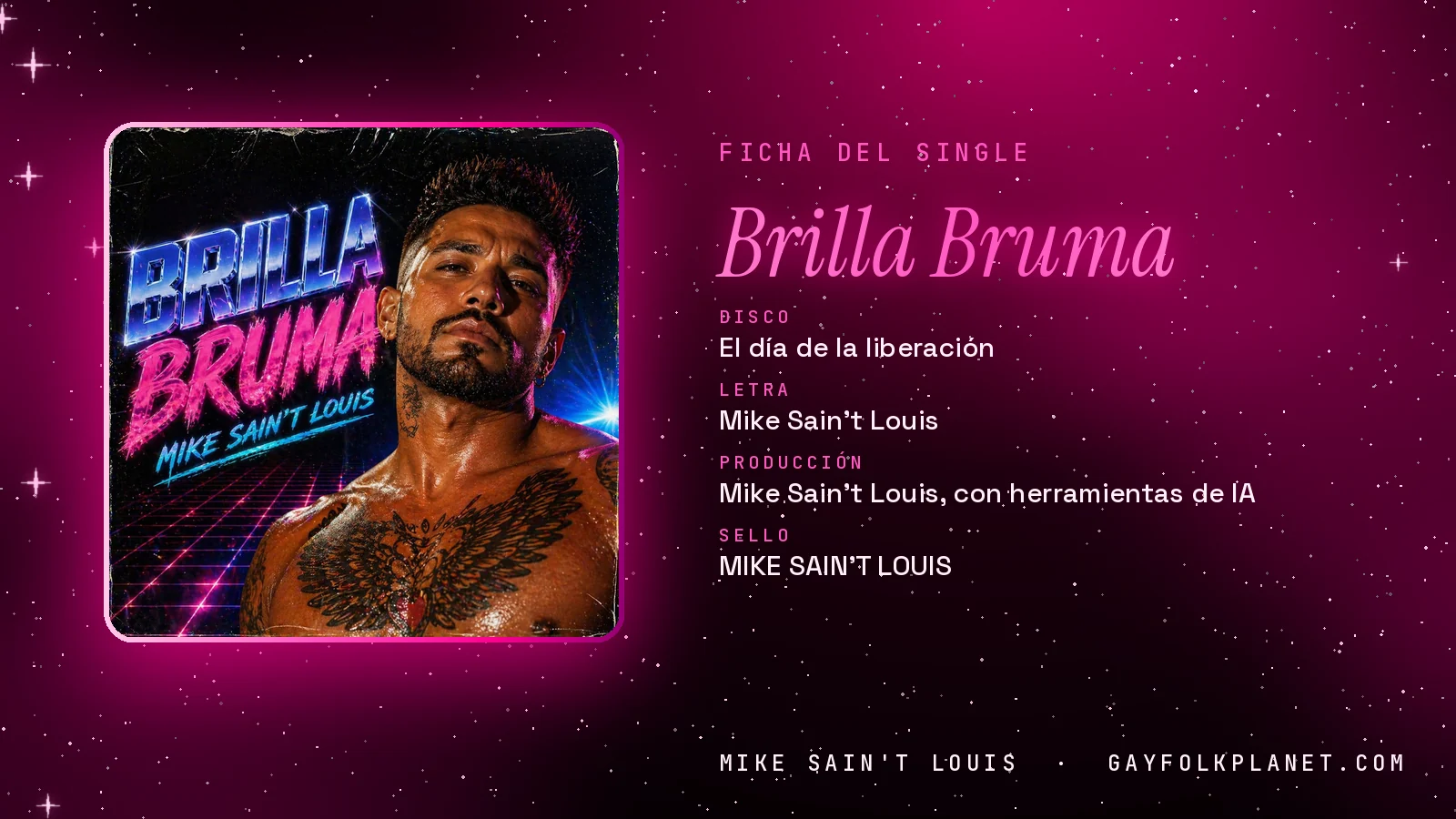 Ficha de la canción «Brilla Bruma» con su carátula: disco «El día de la liberación», letra y producción de Mike Sain't Louis