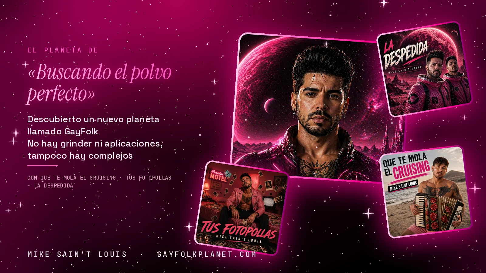 Collage con un detalle de la carátula de «Buscando el polvo perfecto» y las carátulas de «Que Te Mola el Cruising», «Tus Fotopollas», «La despedida»