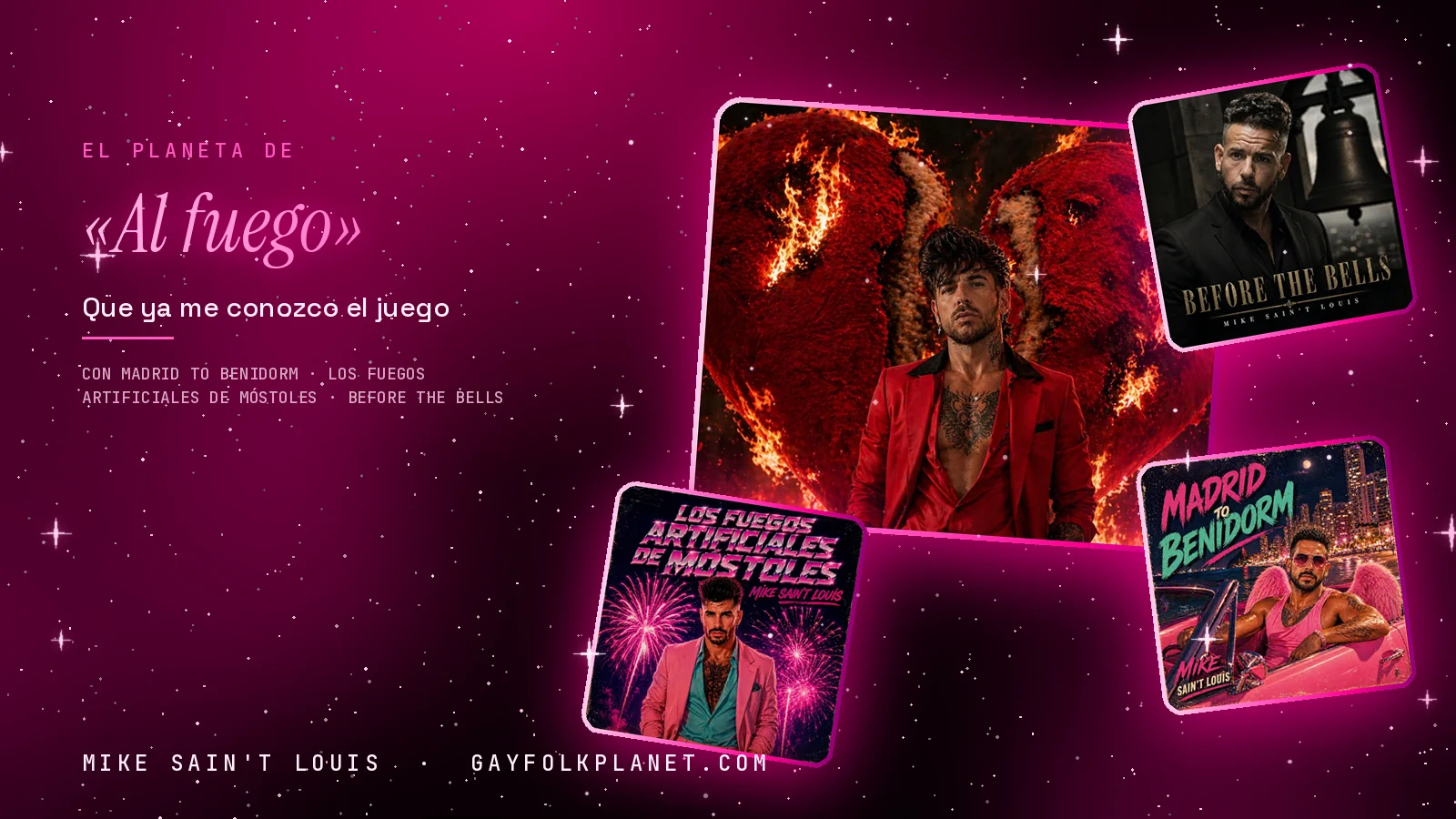 Collage con un detalle de la carátula de «Al fuego» y las carátulas de «Madrid to Benidorm», «Los fuegos artificiales de Móstoles», «Before the Bells»