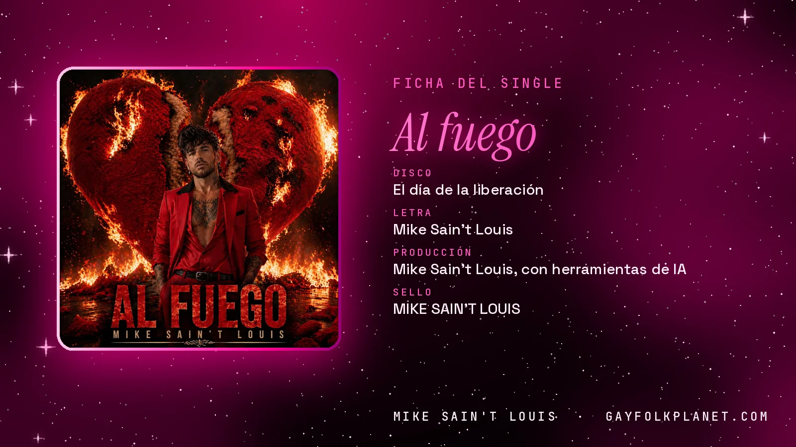 Ficha de la canción «Al fuego» con su carátula: disco «El día de la liberación», letra y producción de Mike Sain't Louis