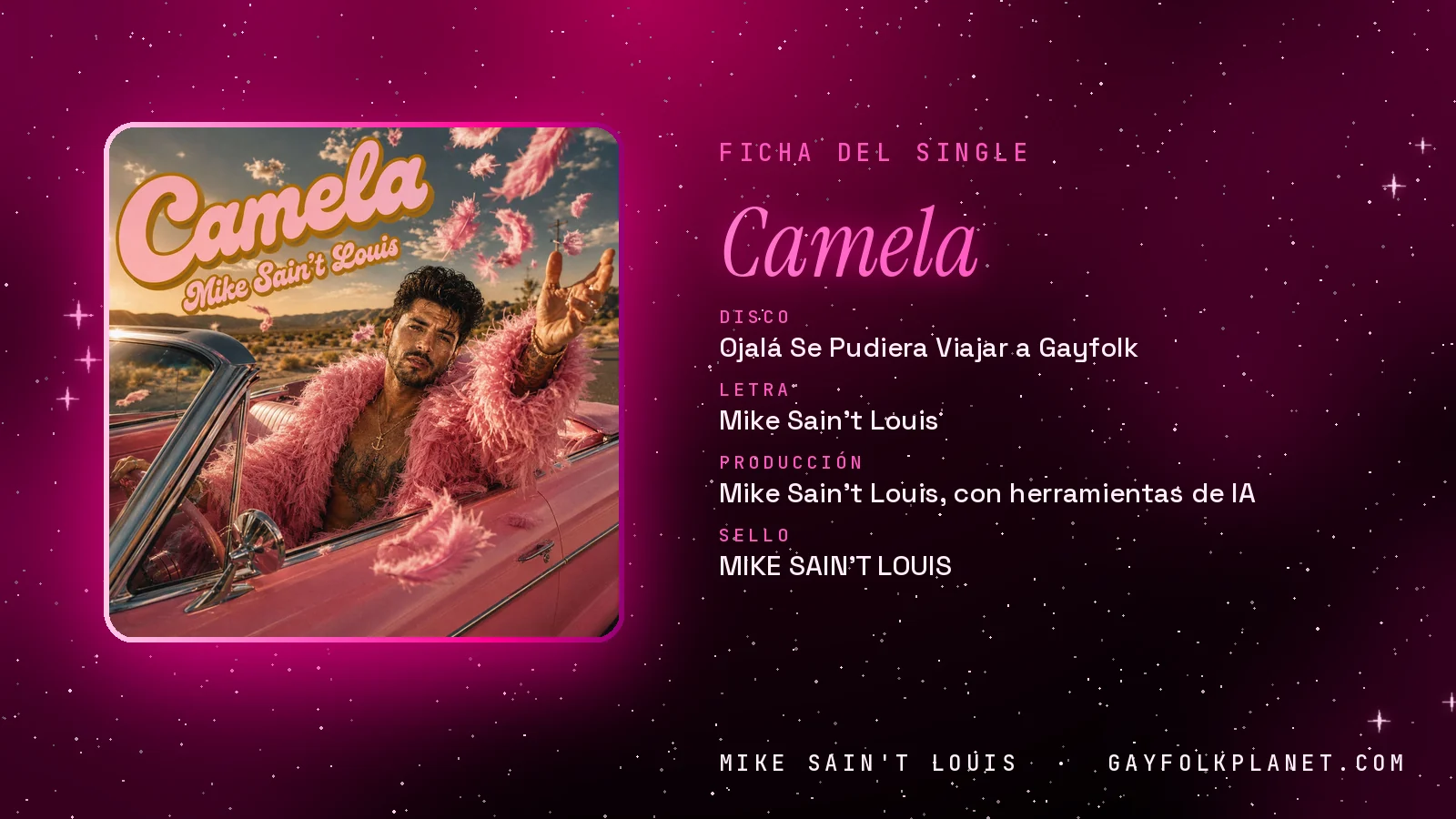 Ficha de la canción «Camela» con su carátula: disco «Ojalá Se Pudiera Viajar a Gayfolk», letra y producción de Mike Sain't Louis