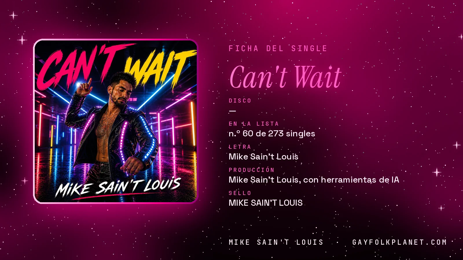 Ficha de la canción «Can't Wait» con su carátula: letra y producción de Mike Sain't Louis