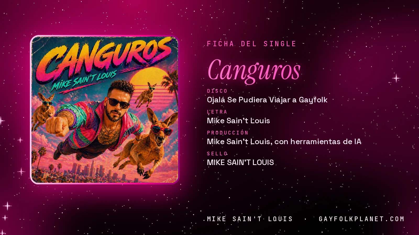 Ficha de la canción «Canguros» con su carátula: disco «Ojalá Se Pudiera Viajar a Gayfolk», letra y producción de Mike Sain't Louis