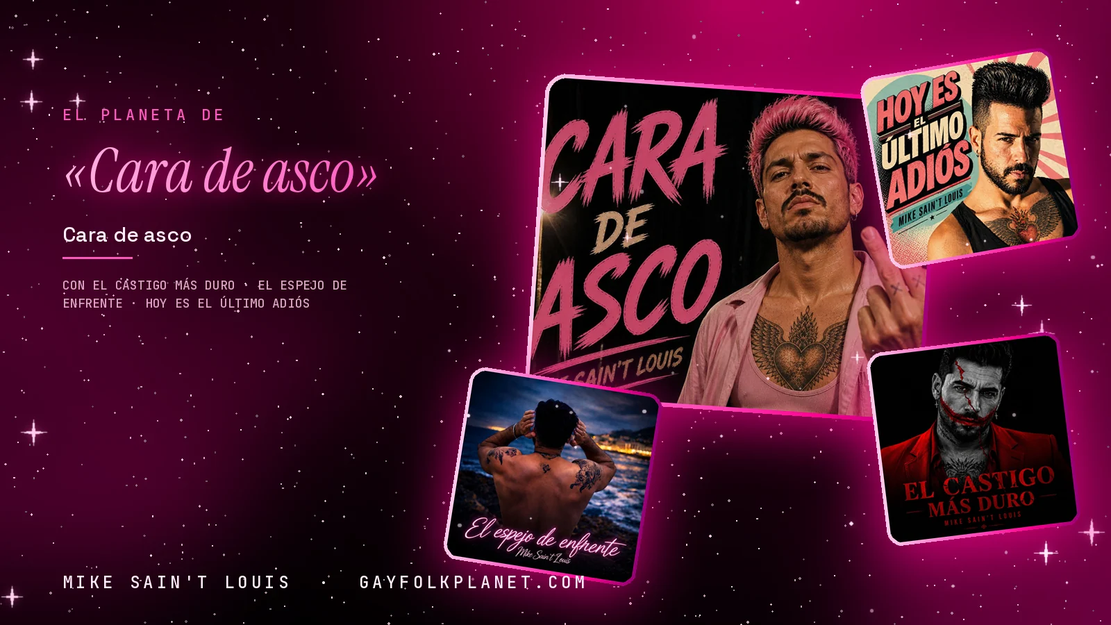 Collage con un detalle de la carátula de «Cara de asco» y las carátulas de «El castigo más duro», «El espejo de enfrente», «Hoy es el último adiós»