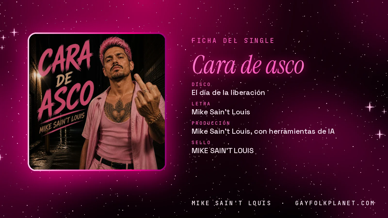 Ficha de la canción «Cara de asco» con su carátula: disco «El día de la liberación», letra y producción de Mike Sain't Louis