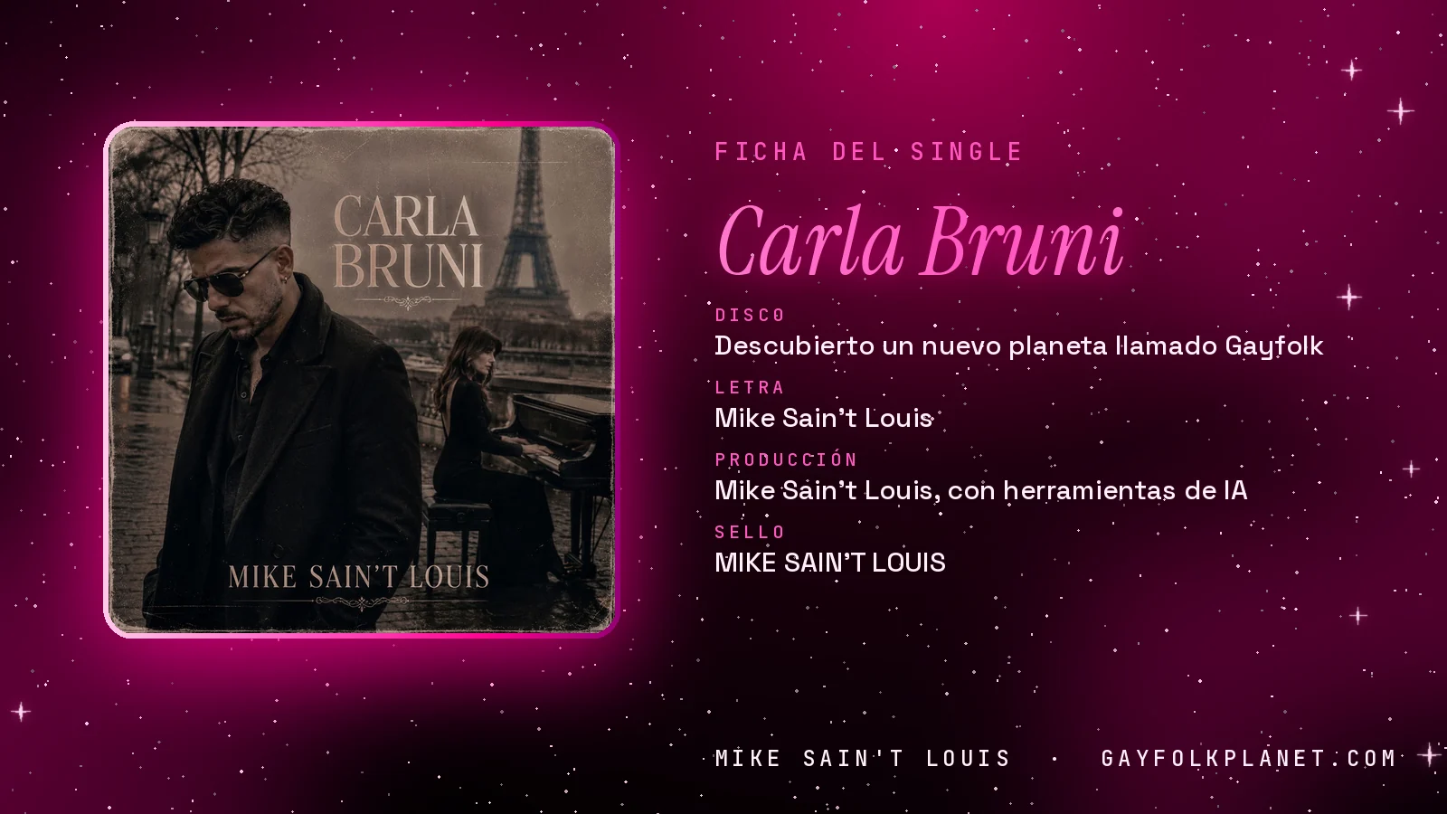 Ficha de la canción «Carla Bruni» con su carátula: disco «Descubierto un nuevo planeta llamado Gayfolk», letra y producción de Mike Sain't Louis