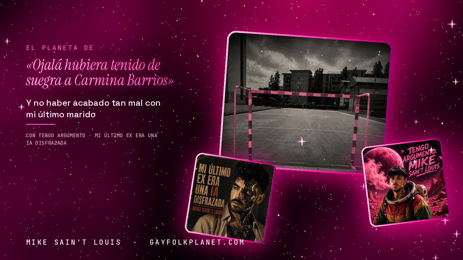 Collage con un detalle de la carátula de «Ojalá hubiera tenido de suegra a Carmina Barrios» y las carátulas de «Tengo Argumento», «Mi último ex era una IA disfrazada»