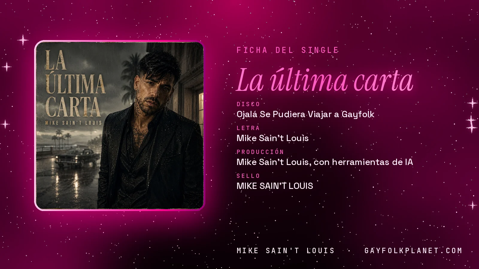Ficha de la canción «La última carta» con su carátula: disco «Ojalá Se Pudiera Viajar a Gayfolk», letra y producción de Mike Sain't Louis