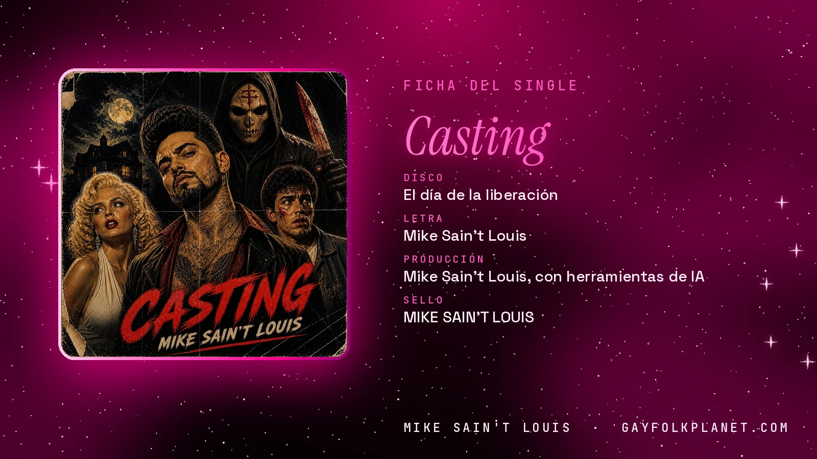 Ficha de la canción «Casting» con su carátula: disco «El día de la liberación», letra y producción de Mike Sain't Louis