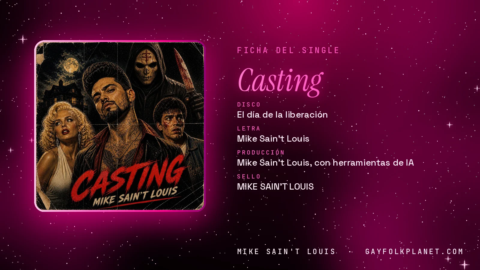Ficha de la canción «Casting» con su carátula: disco «El día de la liberación», letra y producción de Mike Sain't Louis