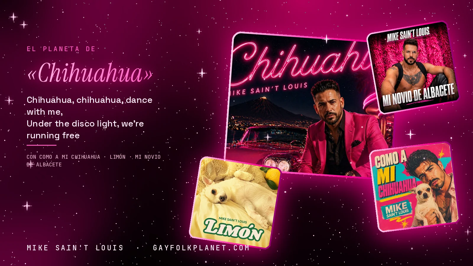 Collage con un detalle de la carátula de «Chihuahua» y las carátulas de «Como a mi chihuahua», «Limón», «Mi novio de Albacete»
