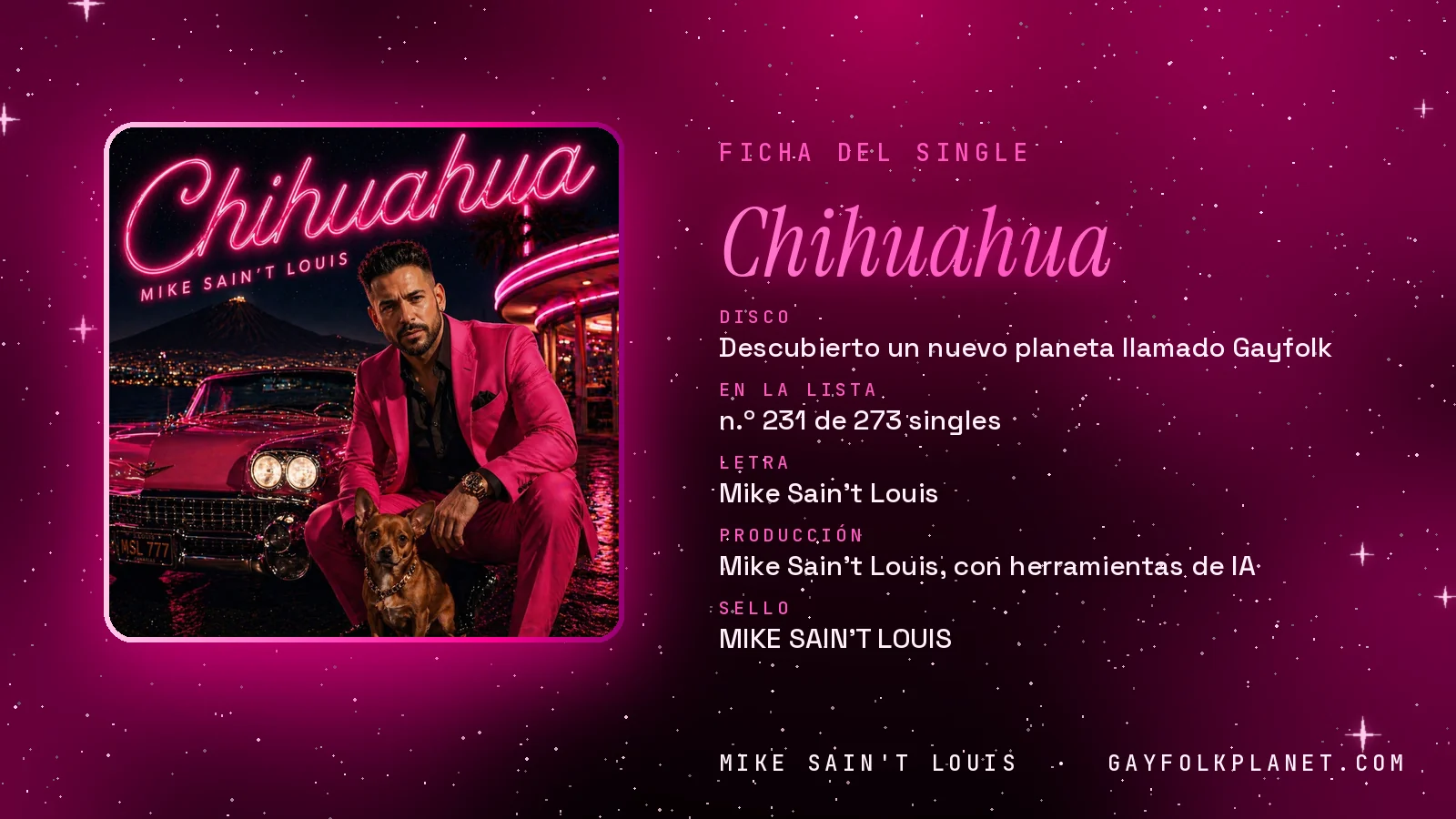 Ficha de la canción «Chihuahua» con su carátula: disco «Descubierto un nuevo planeta llamado Gayfolk», letra y producción de Mike Sain't Louis