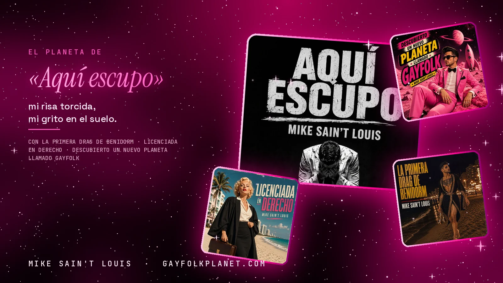 Collage con un detalle de la carátula de «Aquí escupo» y las carátulas de «La primera drag de Benidorm», «Licenciada en derecho», «Descubierto un nuevo planeta llamado Gayfolk»