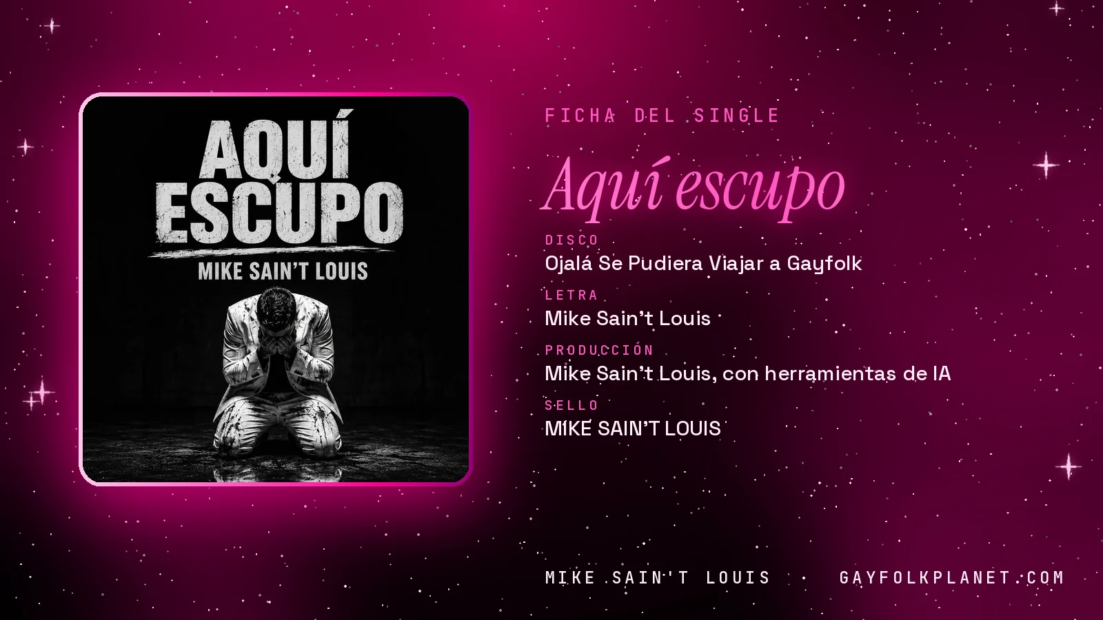 Ficha de la canción «Aquí escupo» con su carátula: disco «Ojalá Se Pudiera Viajar a Gayfolk», letra y producción de Mike Sain't Louis