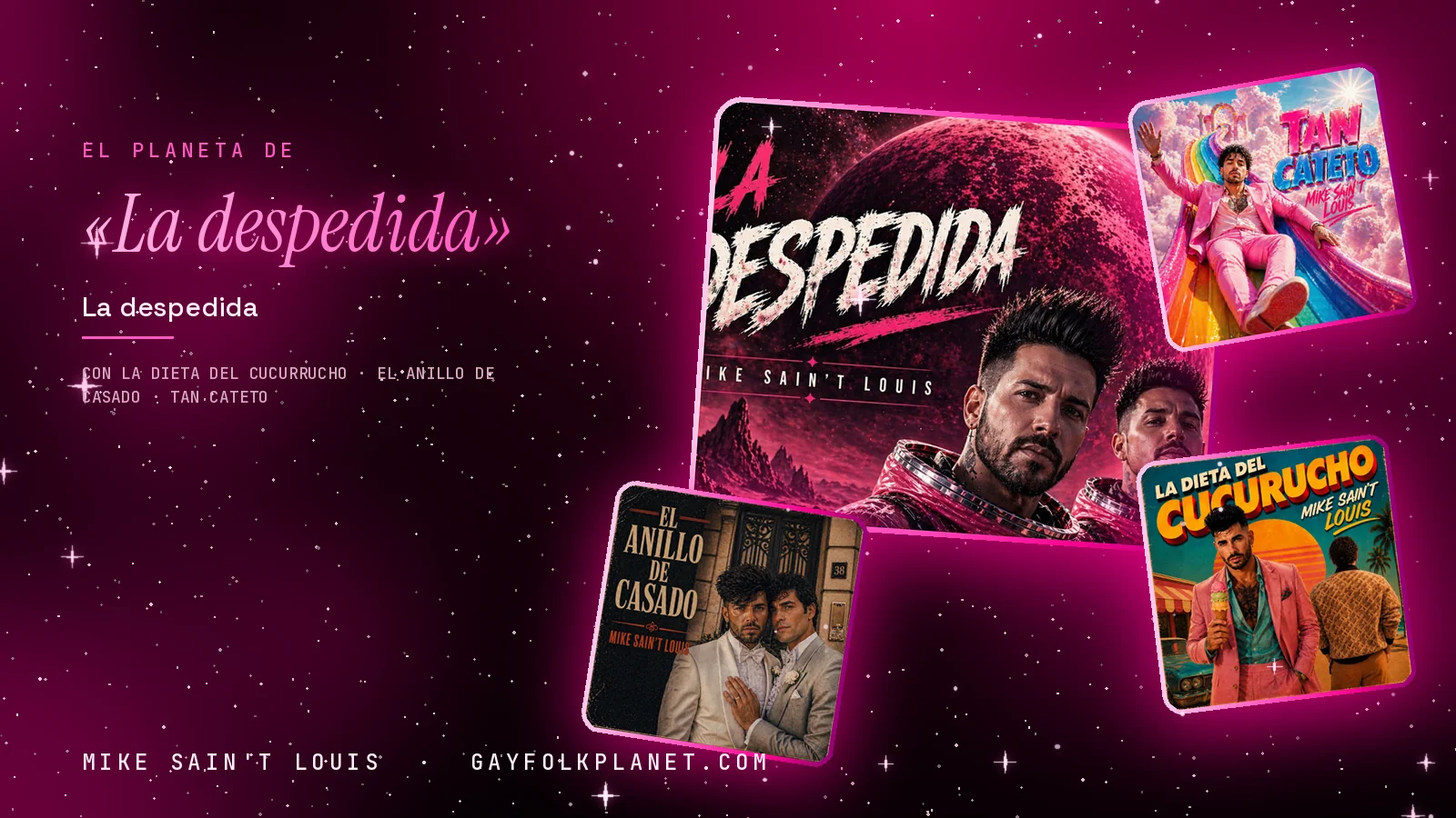 Collage con un detalle de la carátula de «La despedida» y las carátulas de «La dieta del cucurrucho», «El anillo de casado», «Tan cateto»