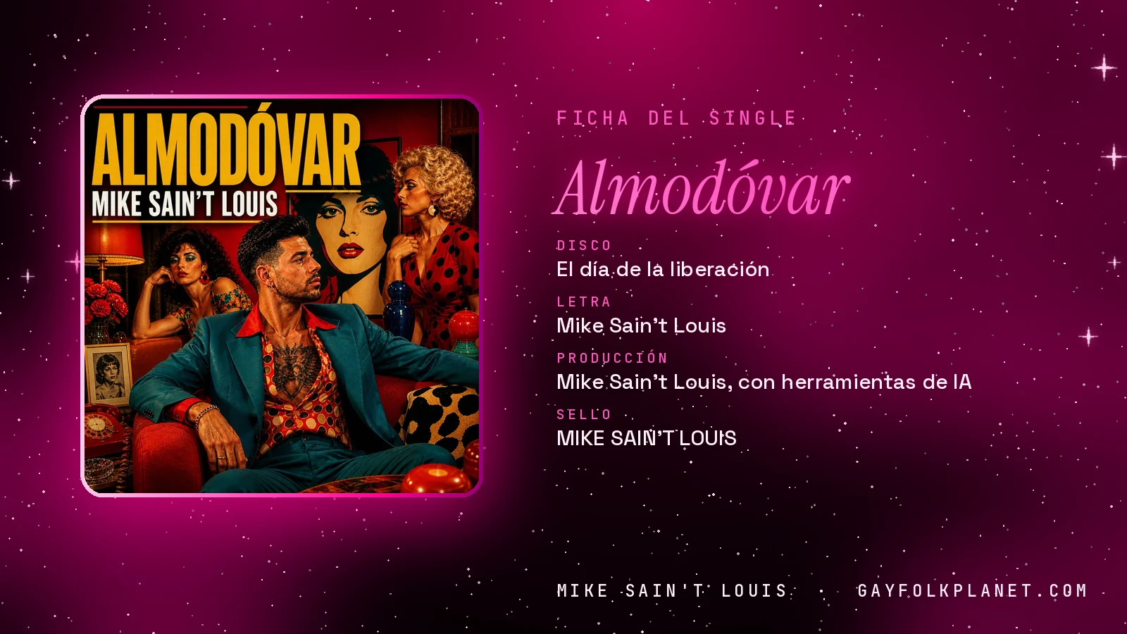 Ficha de la canción «Almodóvar» con su carátula: disco «El día de la liberación», letra y producción de Mike Sain't Louis