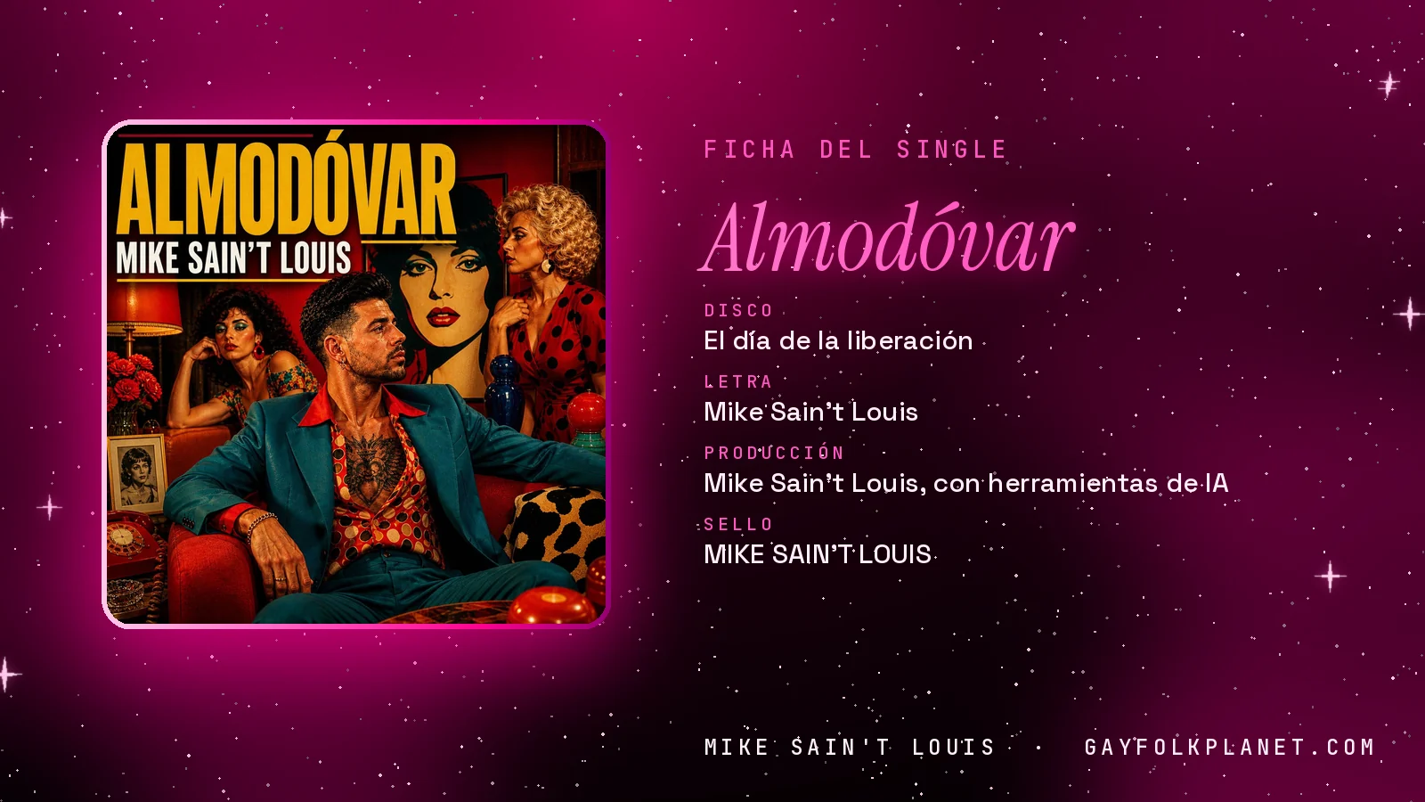 Ficha de la canción «Almodóvar» con su carátula: disco «El día de la liberación», letra y producción de Mike Sain't Louis