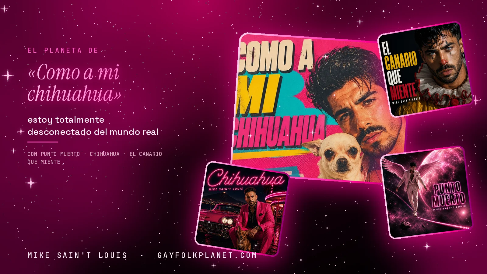 Collage con un detalle de la carátula de «Como a mi chihuahua» y las carátulas de «Punto Muerto», «chihuahua», «El canario que miente»
