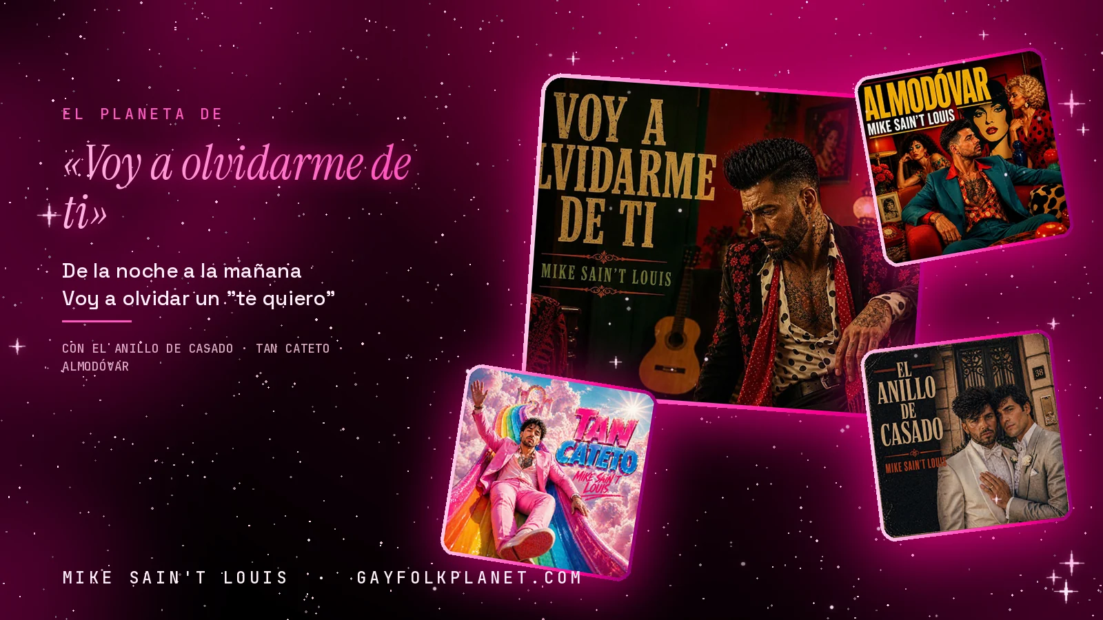 Collage con un detalle de la carátula de «Voy a olvidarme de ti» y las carátulas de «El anillo de casado», «Tan cateto», «Almodóvar»