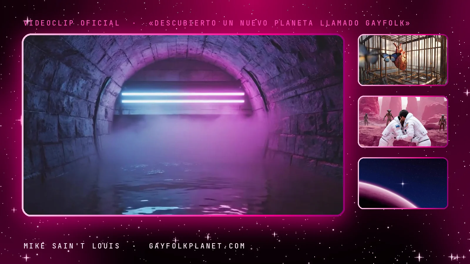 Fotogramas del videoclip oficial de «Descubierto un nuevo planeta llamado Gayfolk», de Mike Sain't Louis
