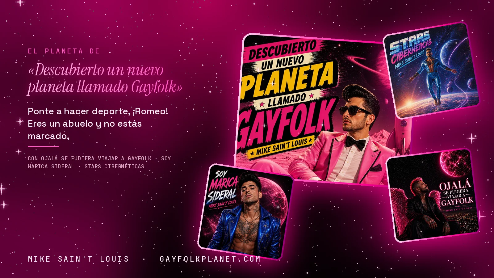 Collage con un detalle de la carátula de «Descubierto un nuevo planeta llamado Gayfolk» y las carátulas de «Ojalá se pudiera viajar a Gayfolk», «Soy marica sideral», «Stars cibernéticas»