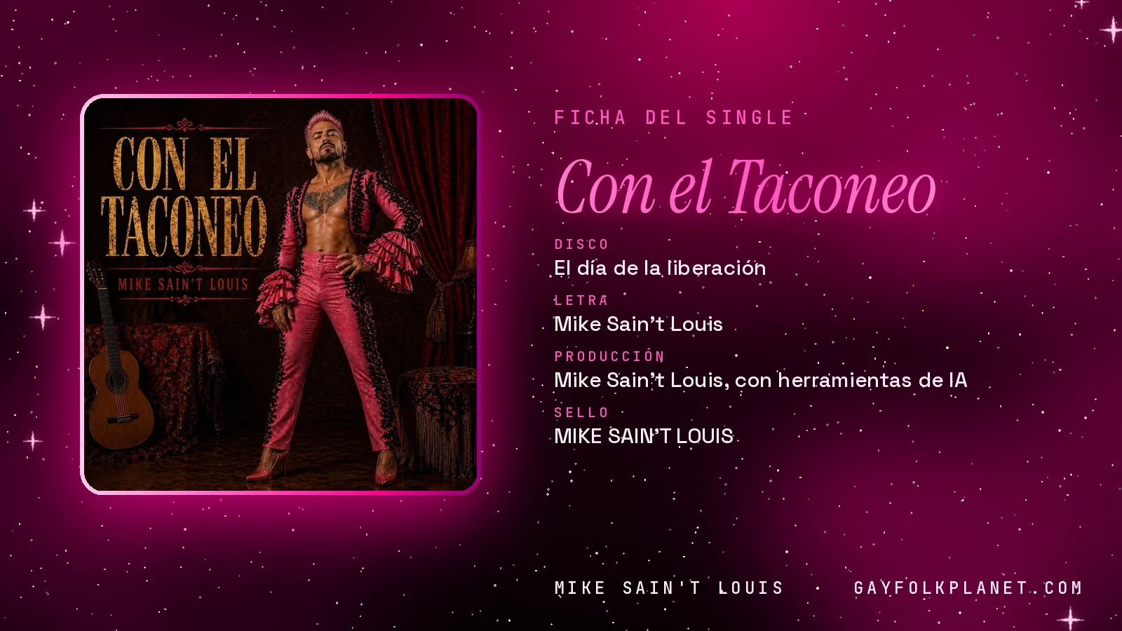 Ficha de la canción «Con el Taconeo» con su carátula: disco «El día de la liberación», letra y producción de Mike Sain't Louis