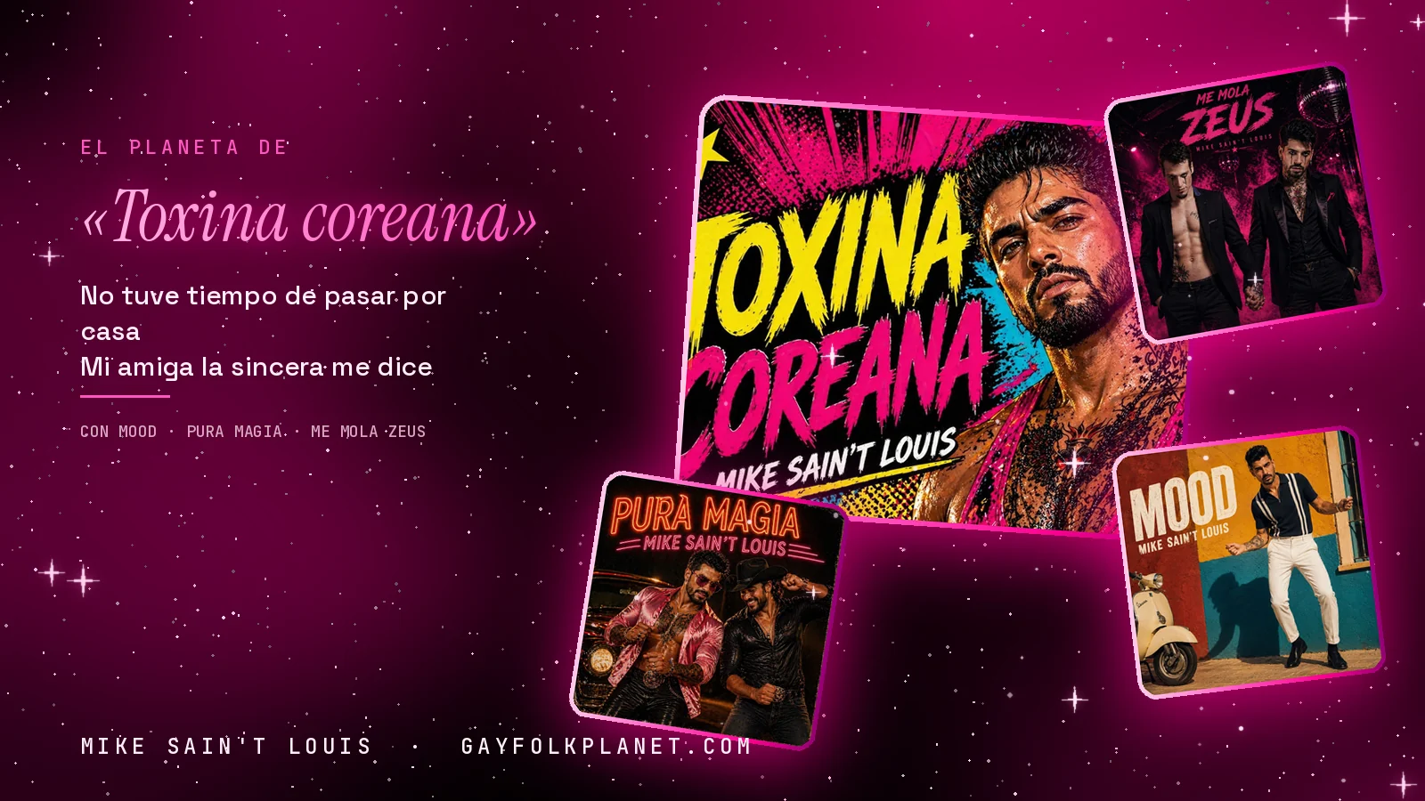 Collage con un detalle de la carátula de «Toxina coreana» y las carátulas de «Mood», «Pura magia», «Me Mola Zeus»