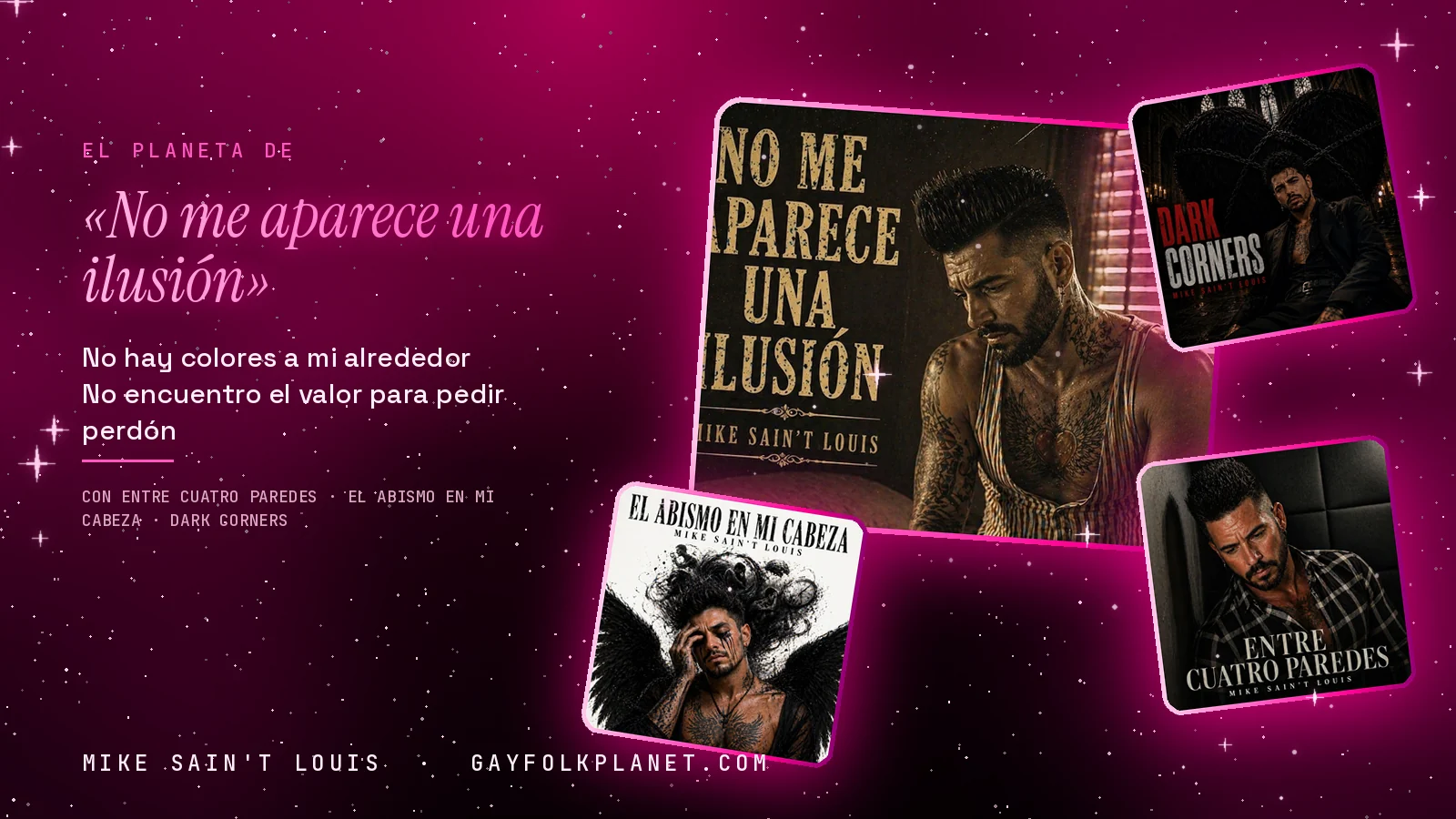 Collage con un detalle de la carátula de «No me aparece una ilusión» y las carátulas de «Entre Cuatro Paredes», «El Abismo en Mi Cabeza», «Dark Corners»