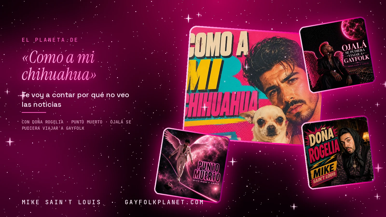 Mosaico que junta un recorte de la portada del chihuahua con las de «Doña Rogelia», «Punto muerto» y «Ojalá se pudiera viajar a Gayfolk»